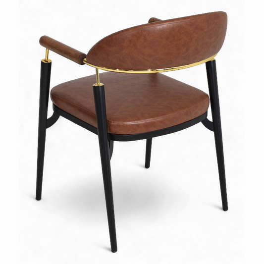 Chaise Origin en métal noir et cuir brun avec détails dorés – mobilier design pour restaurant, bar ou hôtel. vue arriére