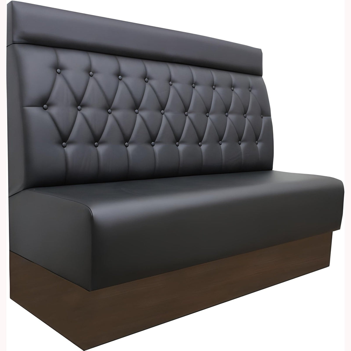 Banquette de restaurant capitonnée en similicuir noir vue de face socle bois 