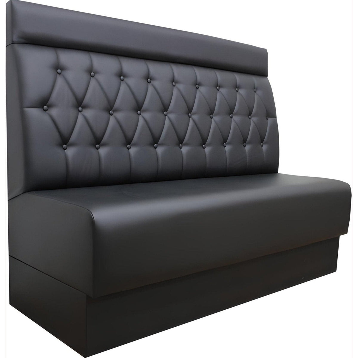 Banquette de restaurant capitonnée en similicuir noir vue de côté socle bois 