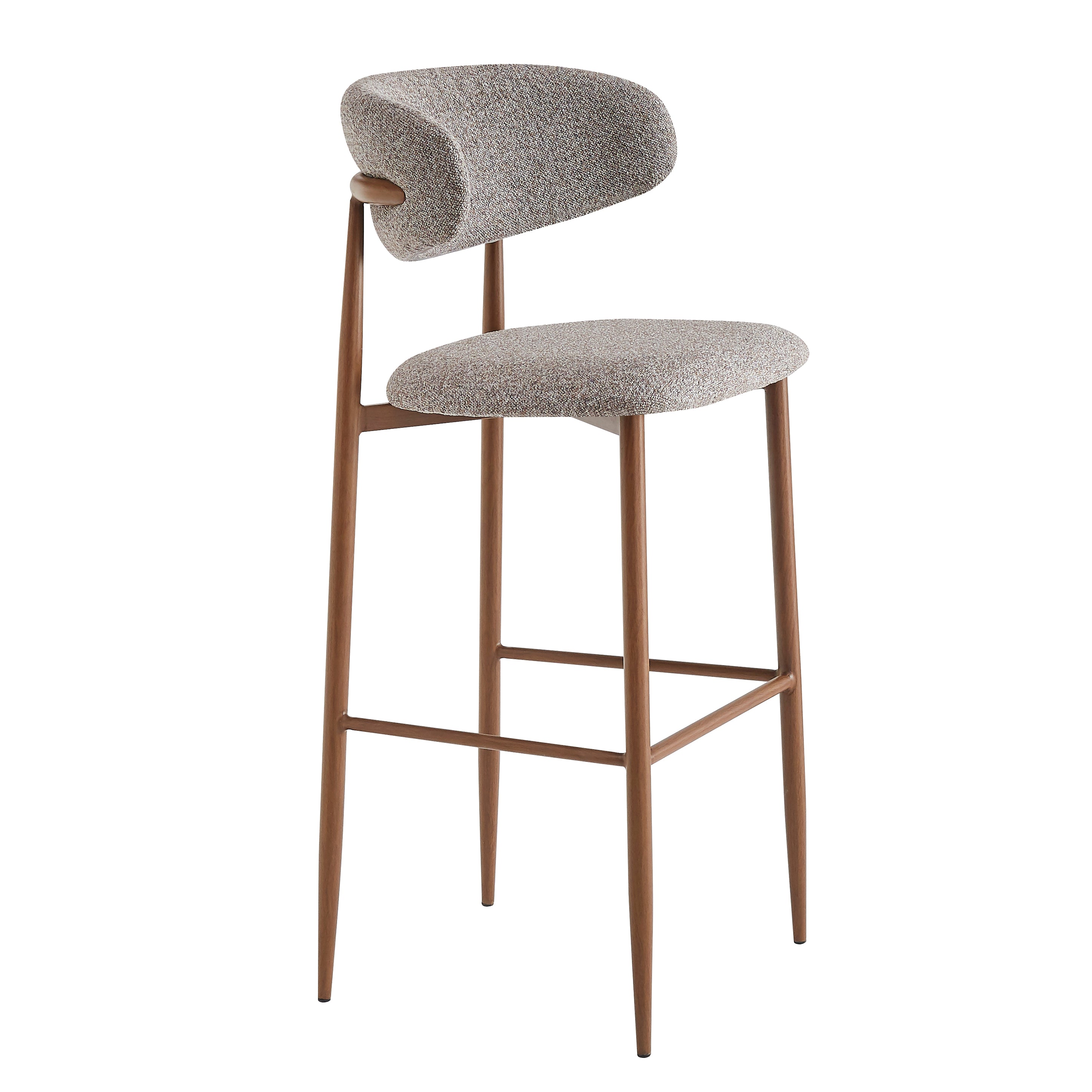 Tabouret de bar professionnel CLYDE, assise rembourrée en tissu gris et pieds fins en métal finition bois, style scandinave sur fond blanc.