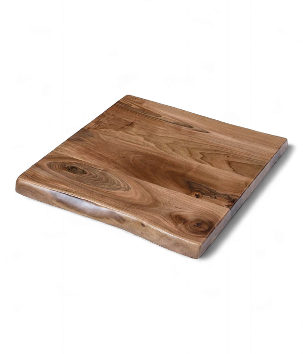  Plateau de table robuste en bois massif (finition noyer) avec bords organiques, conçu pour un usage intensif en milieu professionnel et restauration.