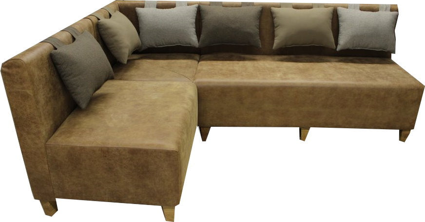 Banquette d’angle en similicuir pour restaurant avec coussins, idéale pour espaces CHR.