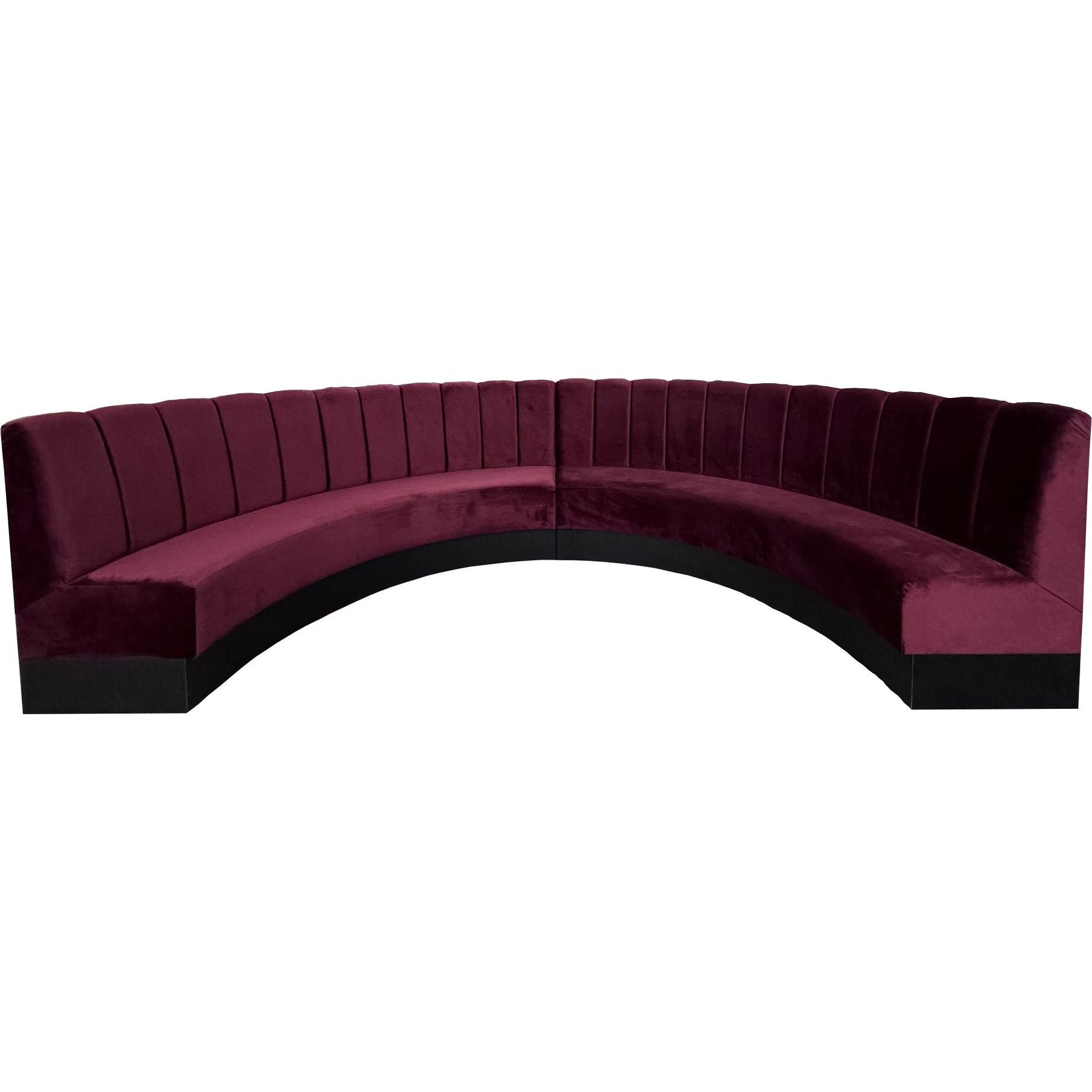 : Banquette ronde Butterfly en velours bordeaux avec dossier haut, idéale pour restaurants, bars et espaces lounge haut de gamme.