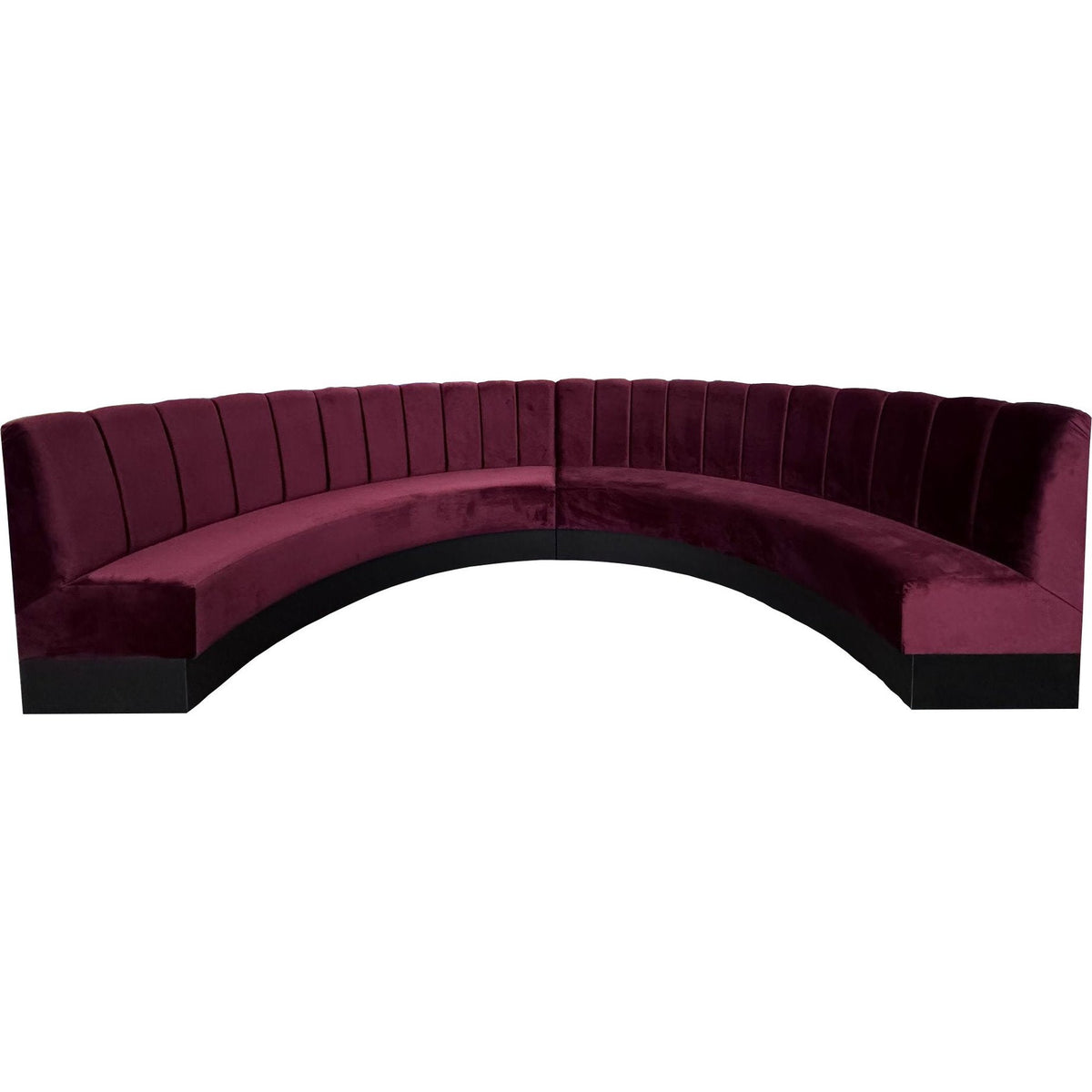 : Banquette ronde Butterfly en velours bordeaux avec dossier haut, idéale pour restaurants, bars et espaces lounge haut de gamme.