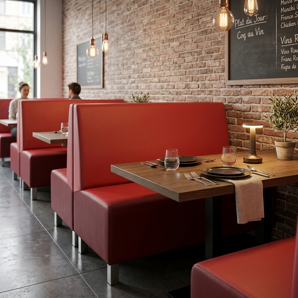banquette de restaurant en similicuir rouge pieds métal en scène dans un restaurant chic 
