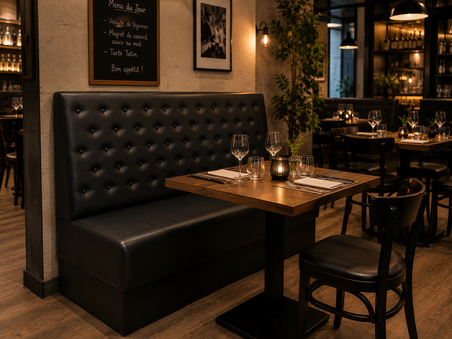 banquette de restaurant, horeca sur mesure mexiko en similicuir noir avec boutons au dossier 