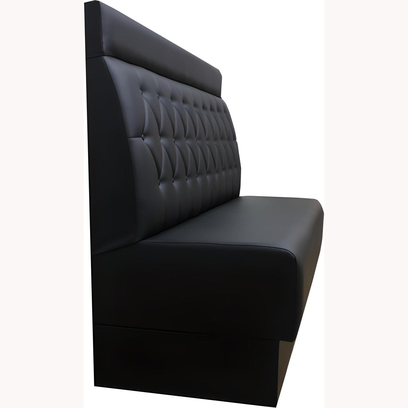 Banquette de restaurant capitonnée vue de dos socle bois 