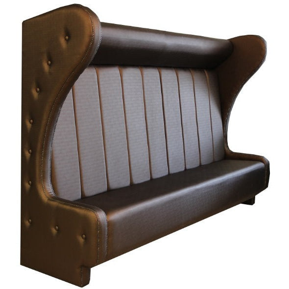 Banquette Sultan sur mesure avec dossier haut et ailes enveloppantes, idéale pour restaurants et lounges.