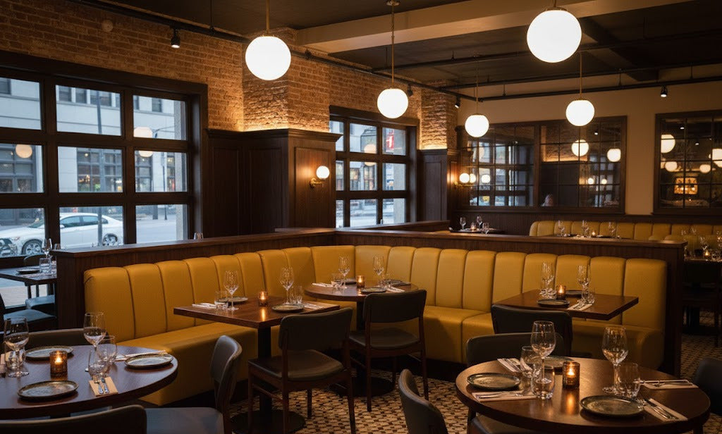 banquette butterfly tissus velours jaune dans une ambiance de restaurant