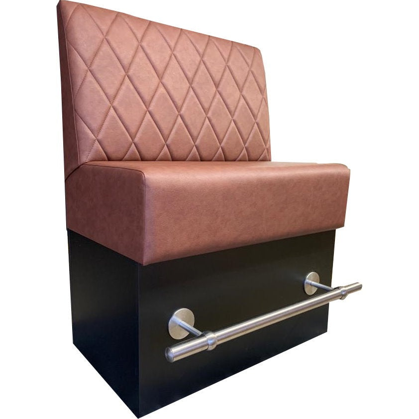 banquette haute de restaurant, bars, hôtels, similicuir marron avec repose pied en inox 