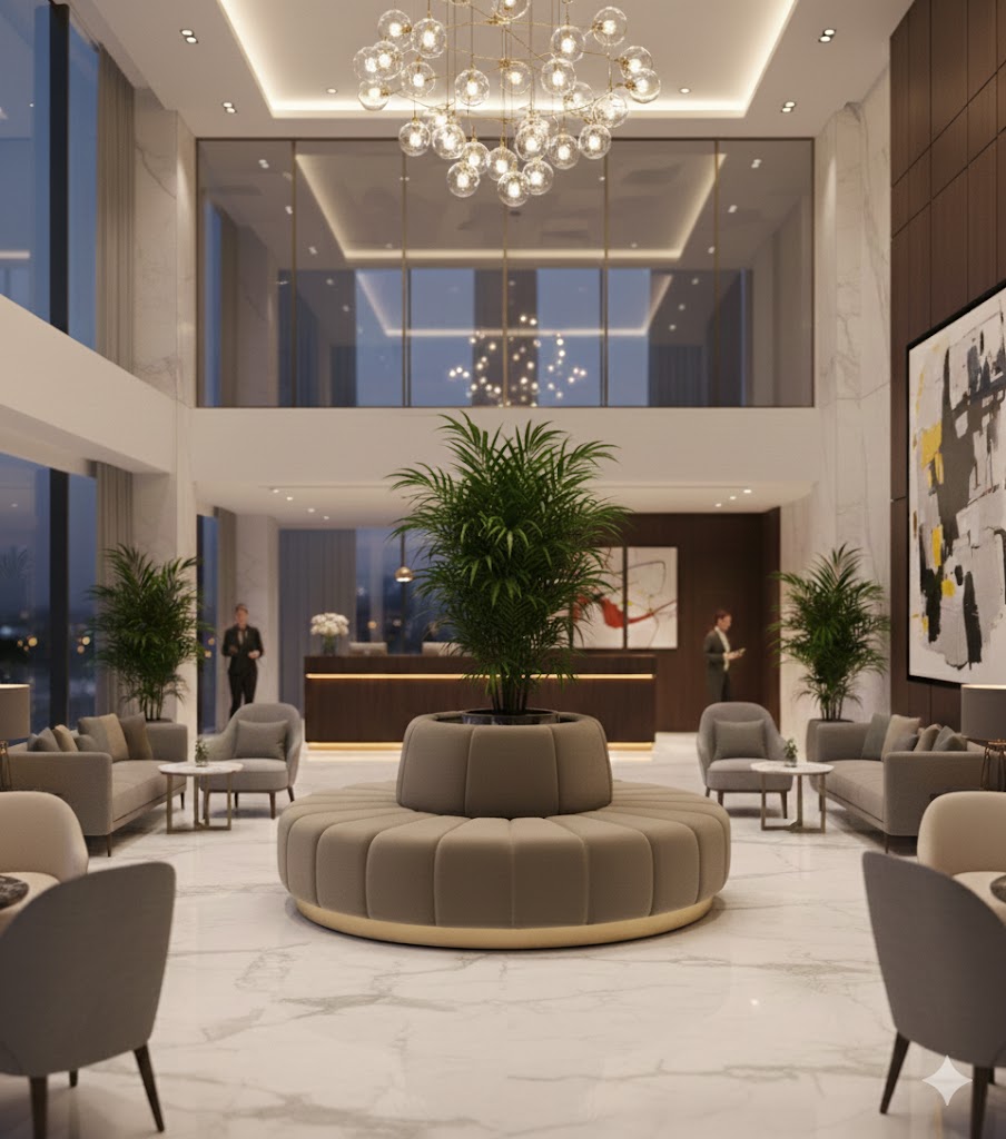 Mobilier de réception haut de gamme, banquette capitonnée circulaire couleur taupe pour aménagement d'espace lounge professionnel.