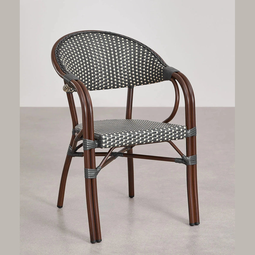 Chaise de jardin empilable Brielle Bistro en aluminium aspect bois et rotin synthétique tressé noir