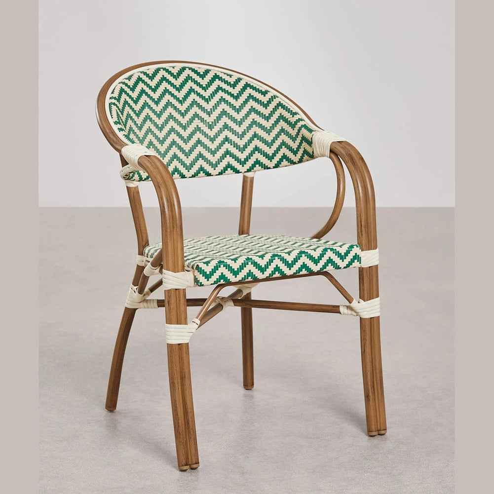 Chaise de jardin empilable Brielle Bistro en aluminium aspect bois et rotin synthétique tressé vert