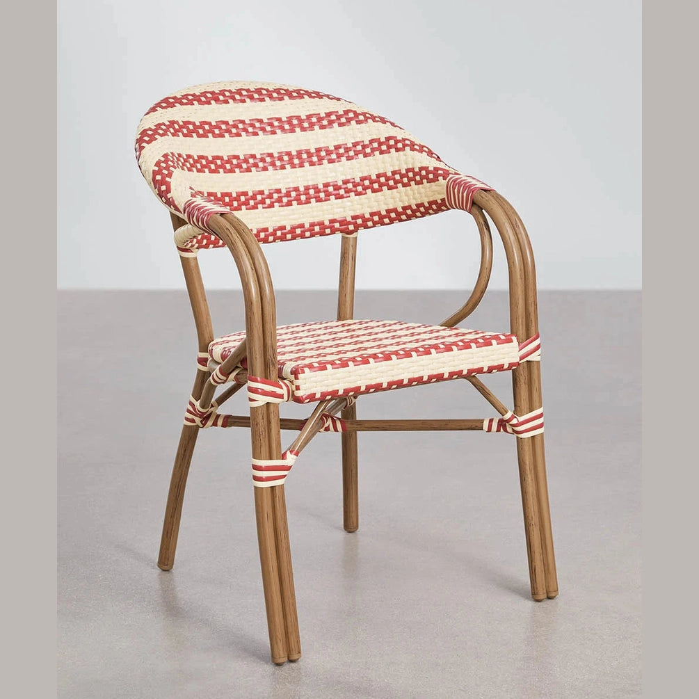 Chaise de jardin empilable Brielle Bistro en aluminium aspect bois et rotin synthétique tressé blanc et rouge 