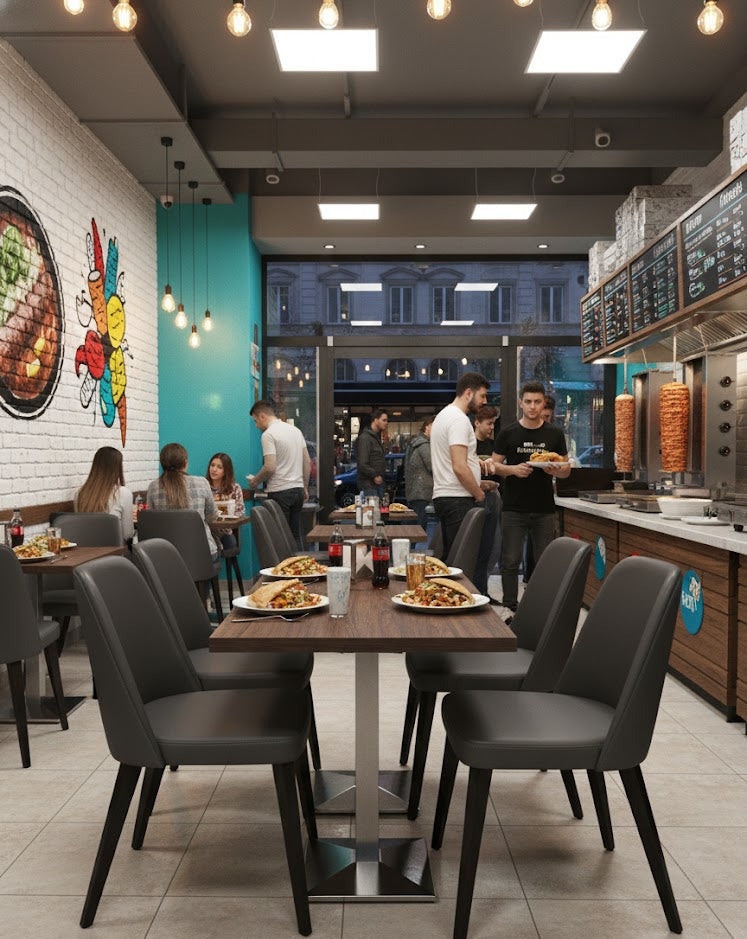 chaise exen anthracite dans un snack kebab 