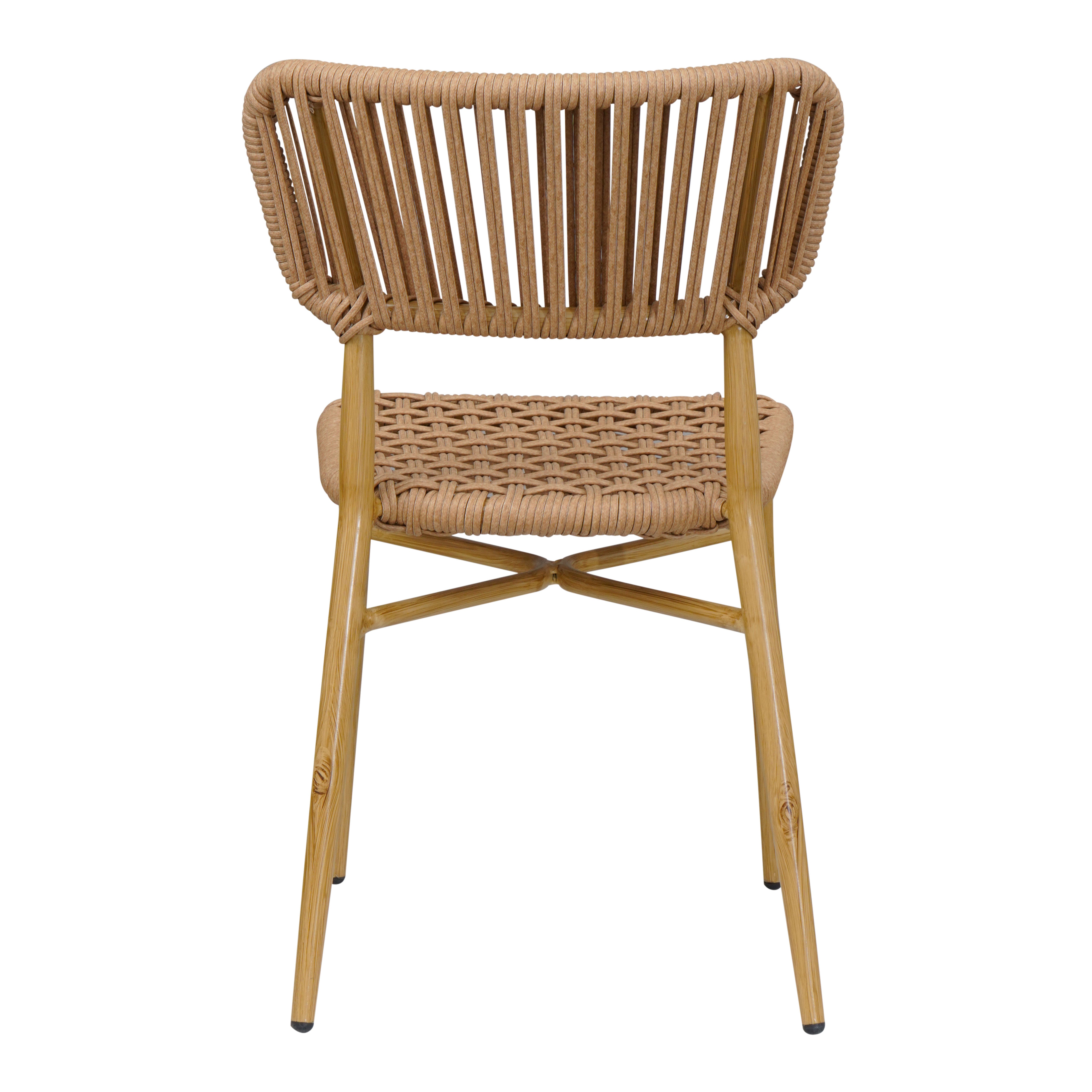 Chaise de terrasse professionnelle Marbella en aluminium aspect bois naturel et cordage beige tressé.