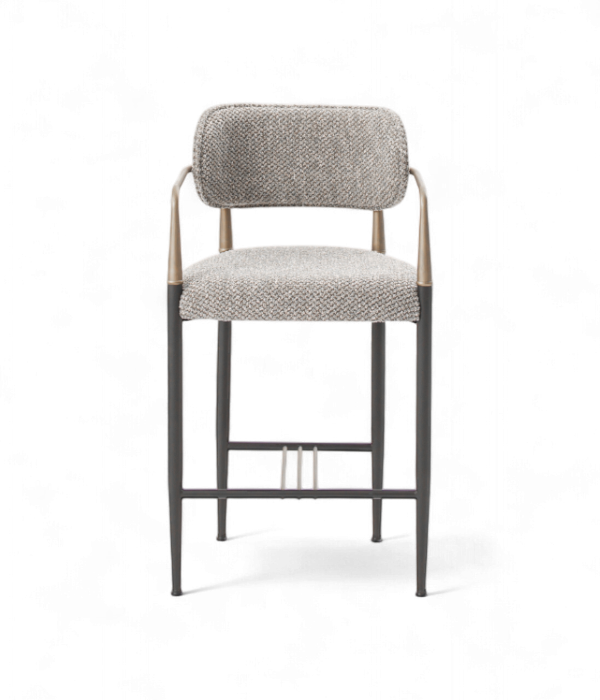 Tabouret de bar luxueux Sky en tissu bouclé gris avec accoudoirs et structure fine or et noir