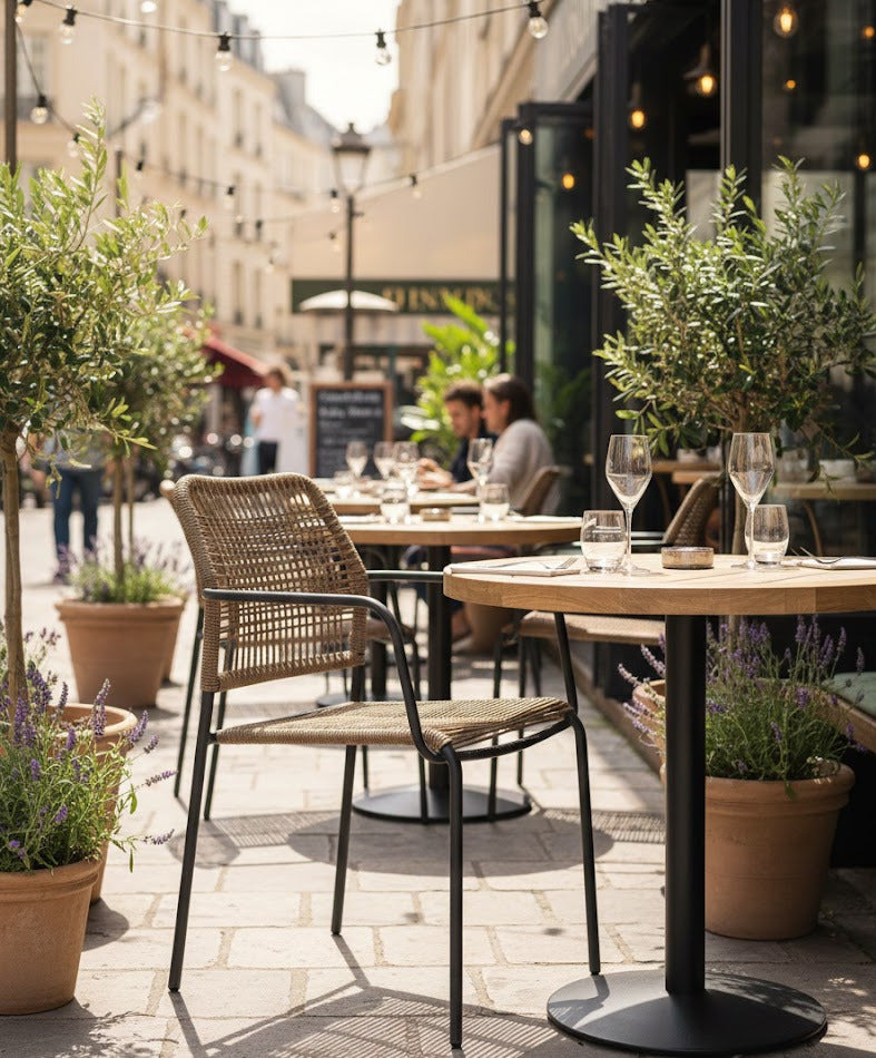 chaise de restaurant extérieur javea en tressage dans une ambiance dans un restaurant 
