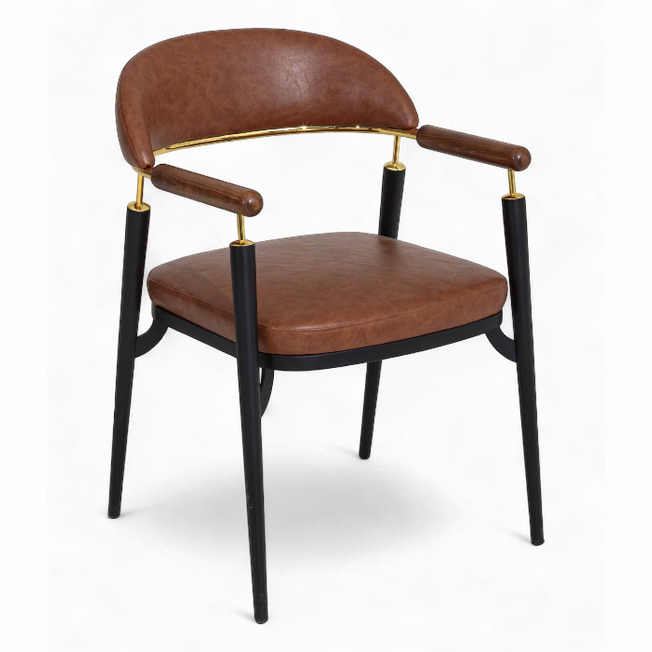 Chaise Origin en métal noir et cuir brun avec détails dorés – mobilier design pour restaurant, bar ou hôtel
