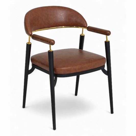 Chaise Origin en métal noir et cuir brun avec détails dorés – mobilier design pour restaurant, bar ou hôtel