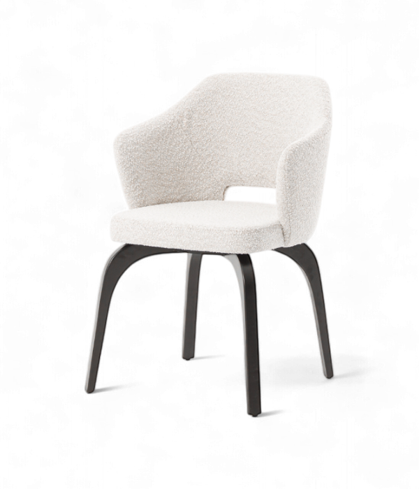 Chaise Lodi en bouclette blanche et pieds en bois cintré – mobilier design pour restaurant ou hôtel vue de profil 