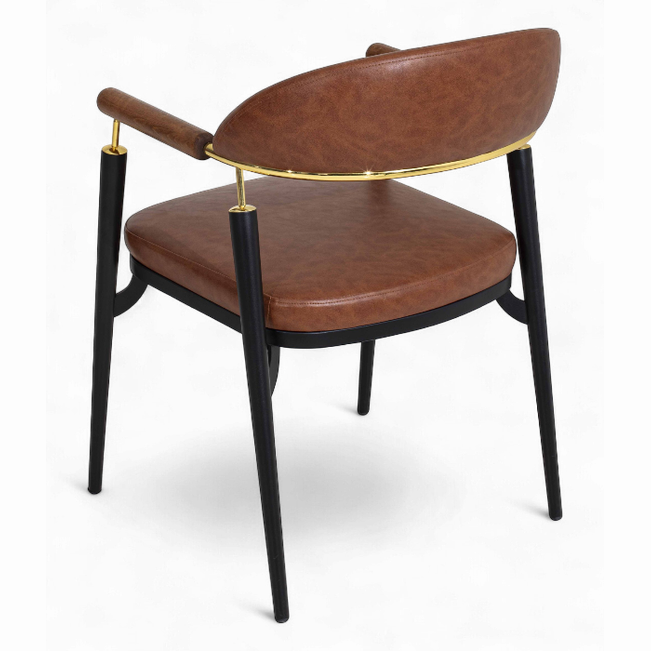 Chaise Origin en métal noir et cuir brun avec détails dorés – mobilier design pour restaurant, bar ou hôtel. vue arriére 