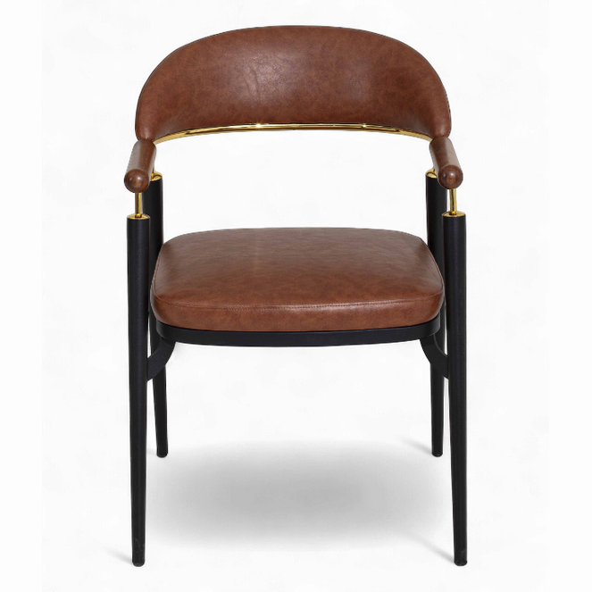 Chaise Origin en métal noir et cuir brun avec détails dorés – mobilier design pour restaurant, bar ou hôtel