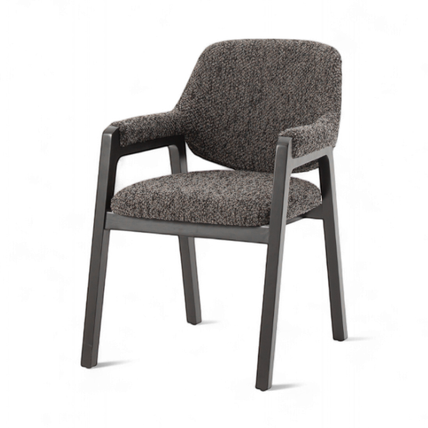 Chaise Porto en bois foncé et tissu texturé gris – mobilier design pour restaurant, hôtel vue de face