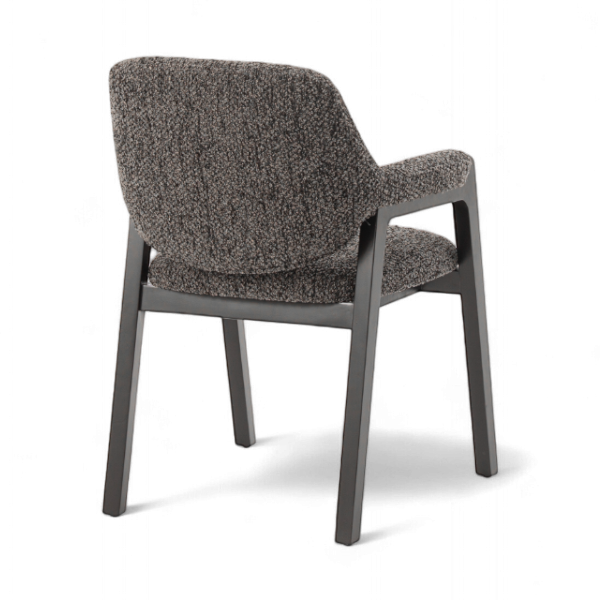 Chaise Porto en bois foncé et tissu texturé gris – mobilier design pour restaurant, hôtel vue du dossier