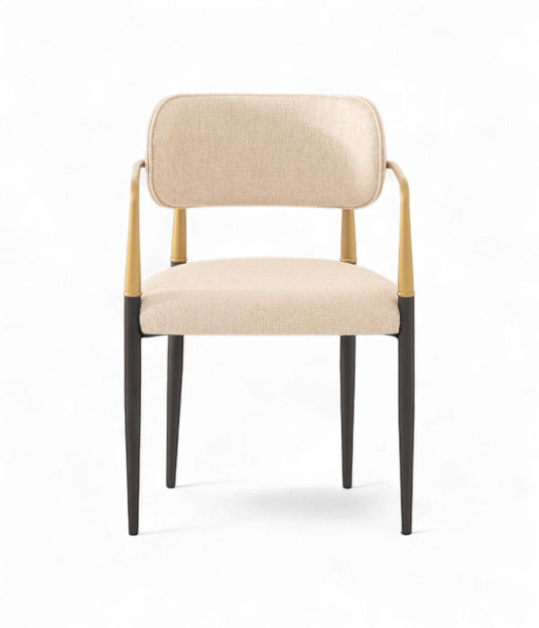 Chaise restaurant luxe Sky Arm avec accoudoirs dorés et assise textile crème