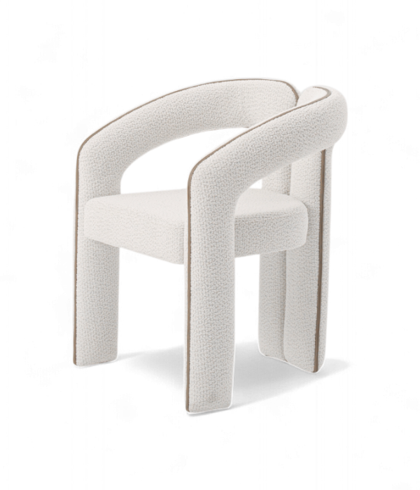 Chaise design Pera en tissu bouclé blanc, au style moderne sculptural avec accoudoirs arrondis vue d'angle