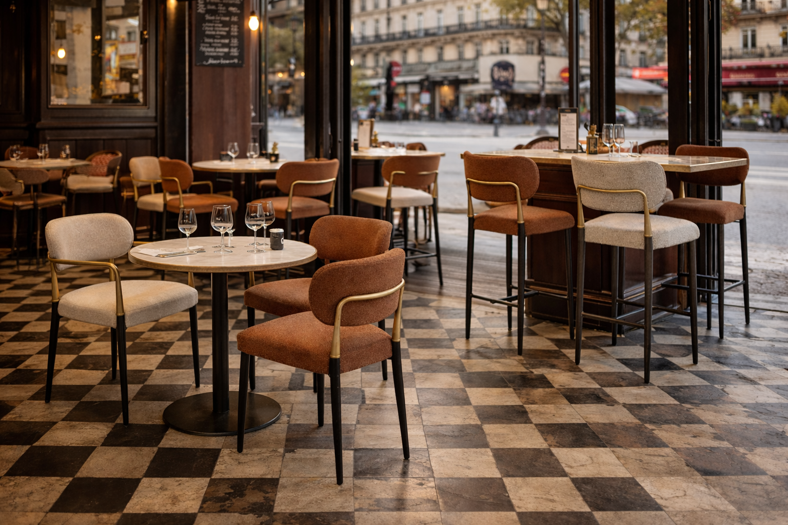 différentes chaise du modèle sky mise en ambiance dans un café bistro parisien 