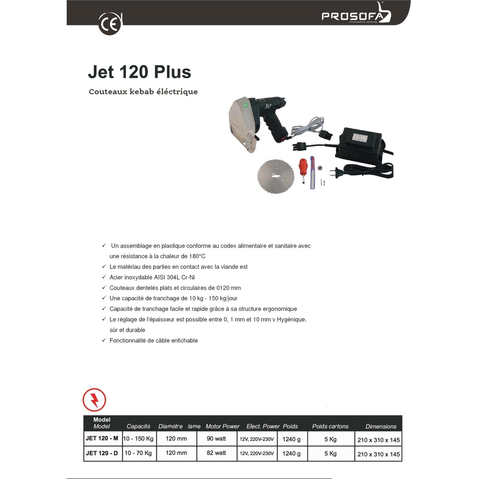 couteau kebab électrique, lame inox, découpe kebab