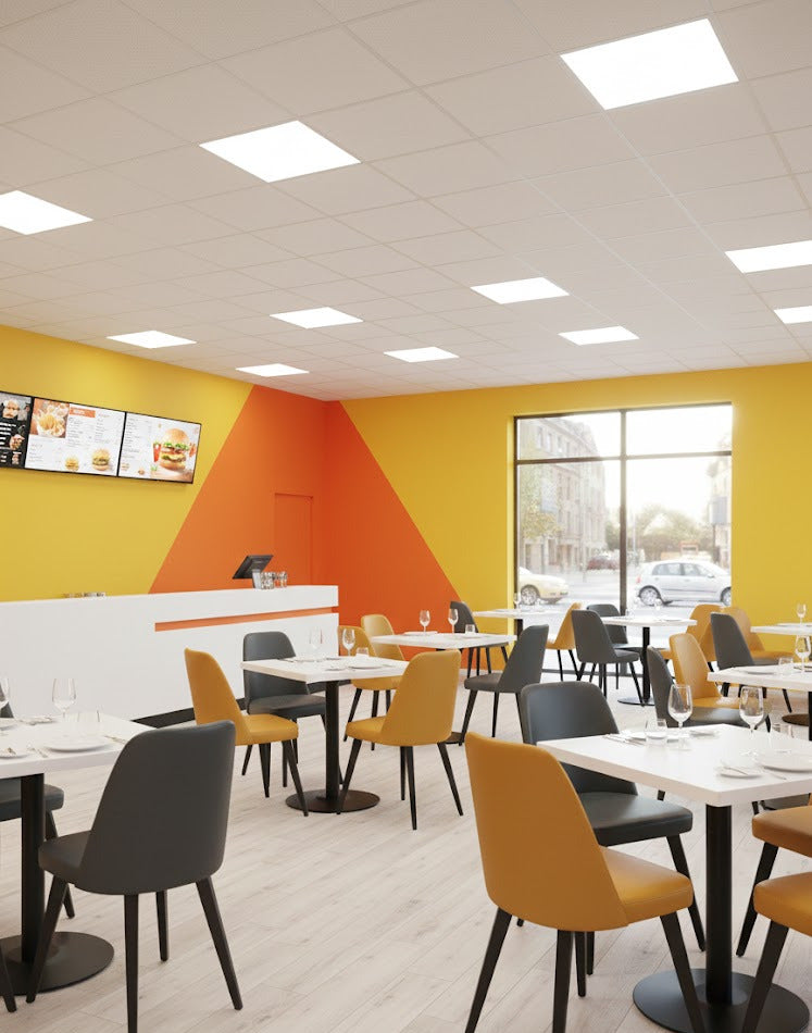 chaise exen dans un fast food mise en scéne coloris moutarde et anthracite 