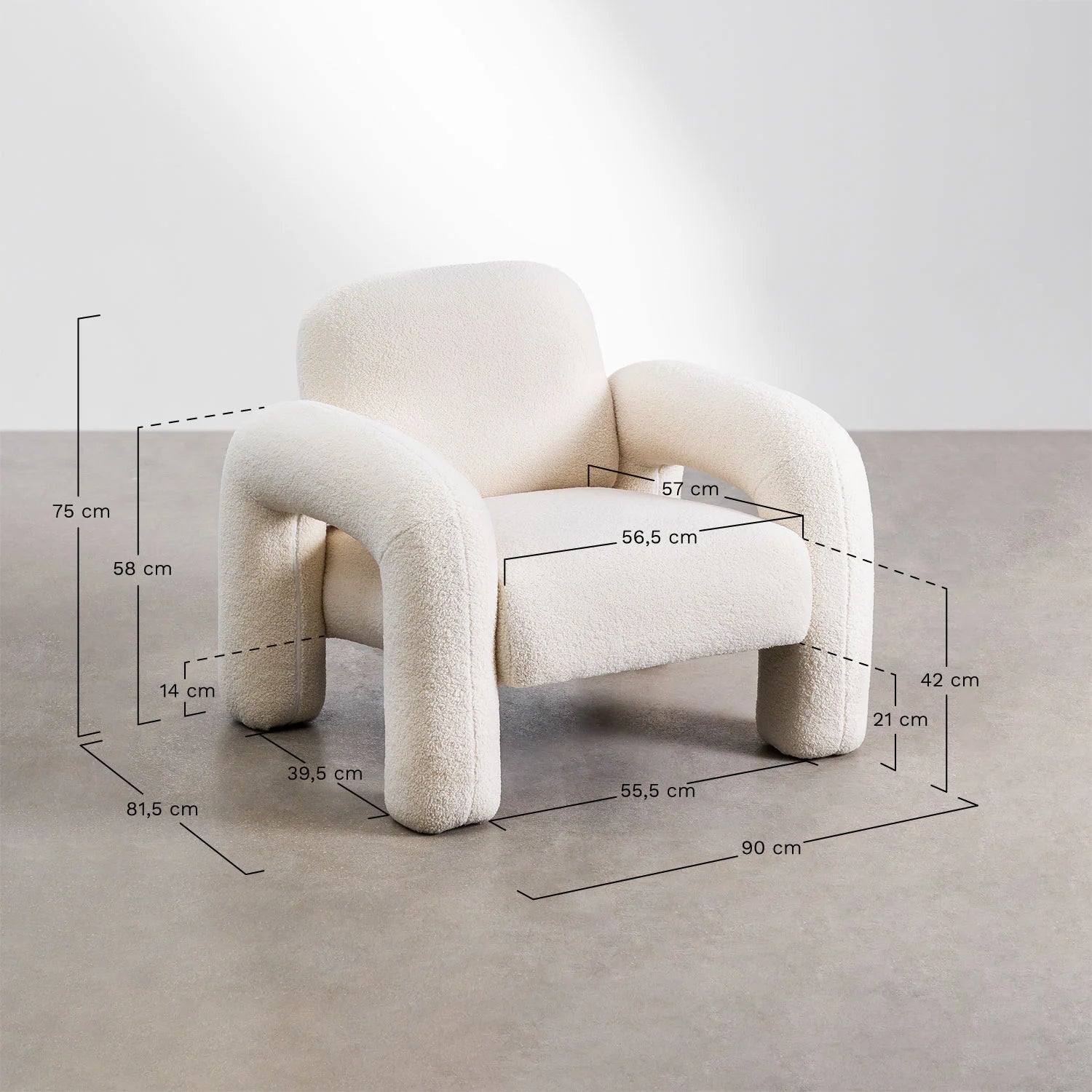 Fauteuil lounge Alma en tissu bouclette blanc, idéal pour un espace d'accueil ou un salon élégant.