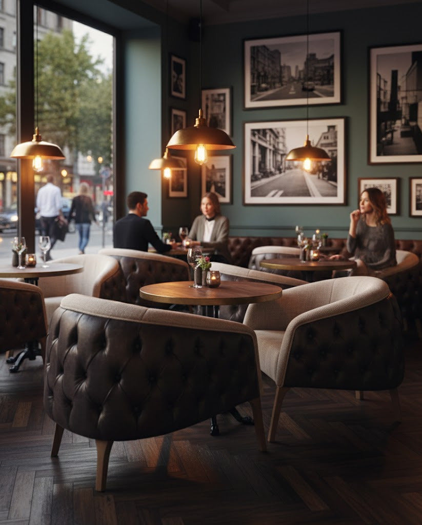fauteuil lounge pour restaurant, hôtel capitonnée et tissus clair 