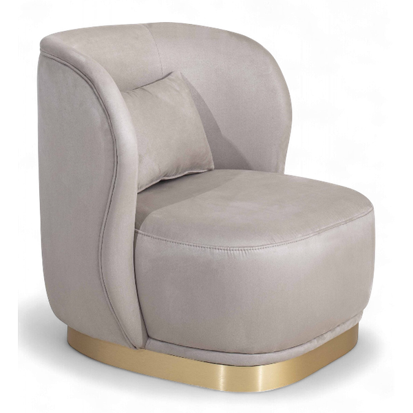 Fauteuil Vonka sur mesure en velours beige avec base dorée et coussin d’assise confortable