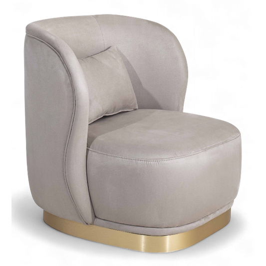 Fauteuil Vonka sur mesure en velours beige avec base dorée et coussin d’assise confortable