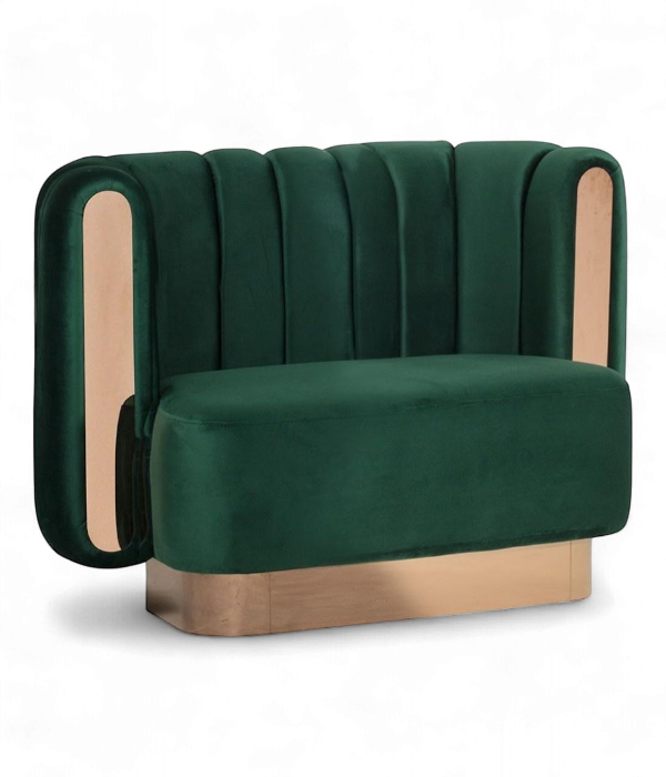 Fauteuil de restaurant Capri en velours vert émeraude avec détails et socle dorés style Art Déco
