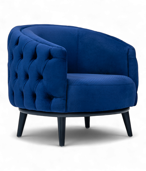 Fauteuil lounge Solivon en velours bleu roi avec dossier extérieur capitonné et pieds noirs