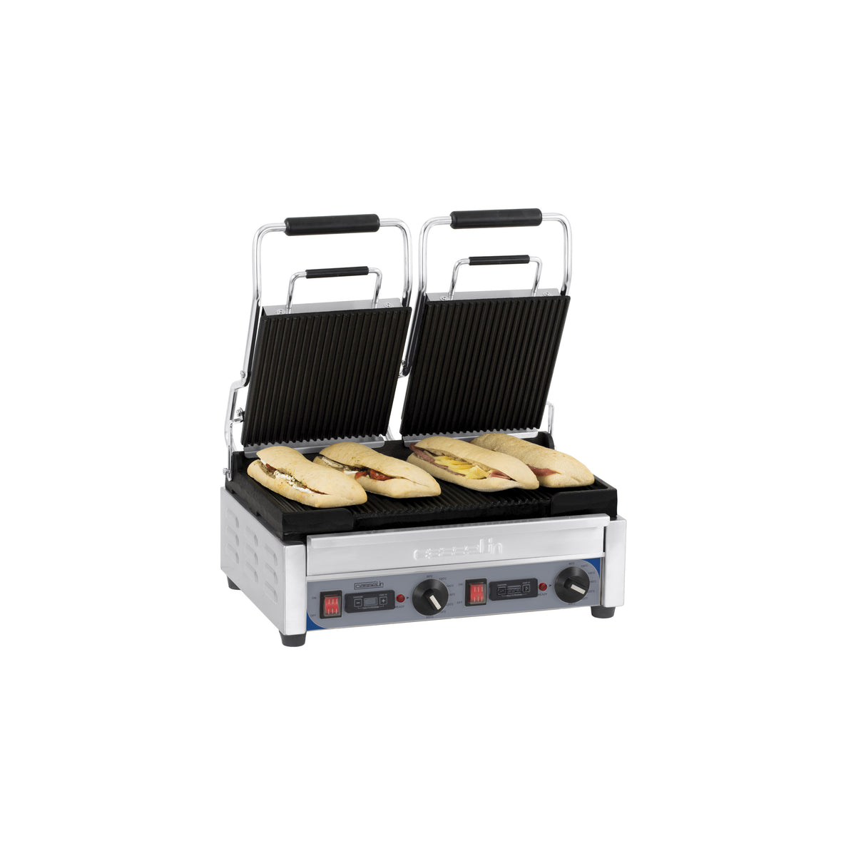 Grill panini double professionnel Casselin CGP2RRPT plaques fonte rainurées avec minuteur