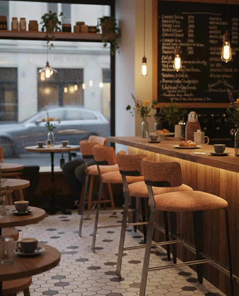 chaise haute karan bar tissus terracotta  dans un café bistrot 