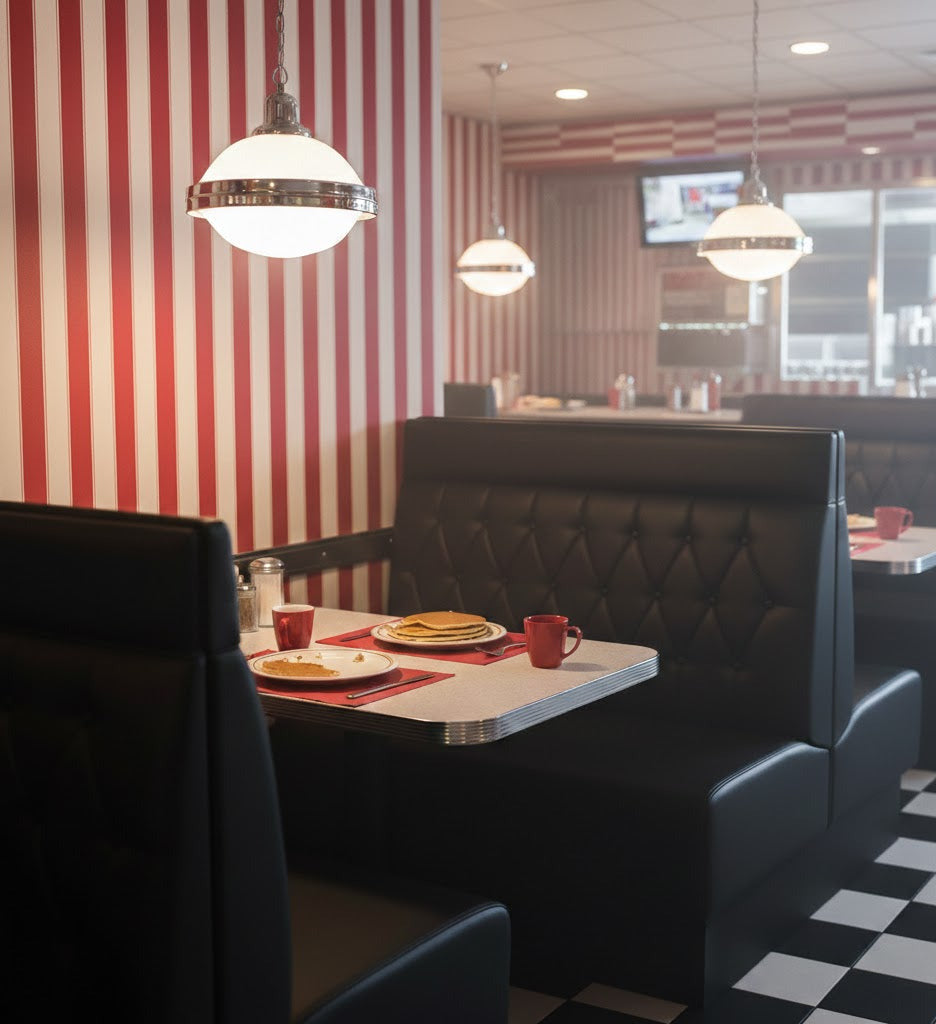 banquette las vegas capitonné en similicuir noir dans un restaurant style américain 