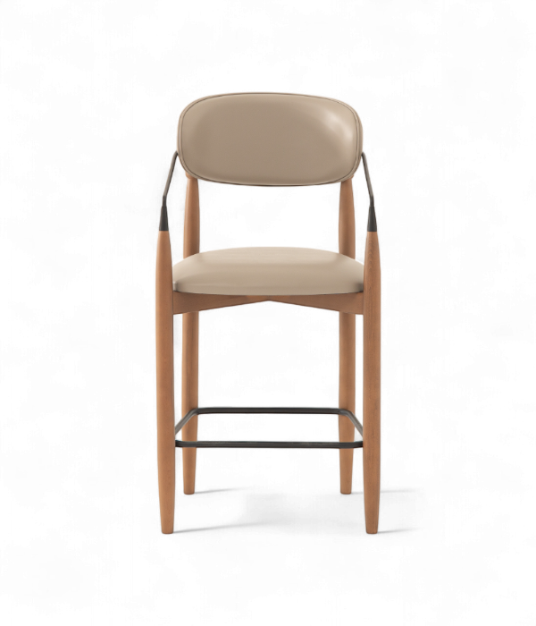 Tabouret de bar Malaga en bois naturel et cuir beige avec dossier incurvé et repose-pieds noir