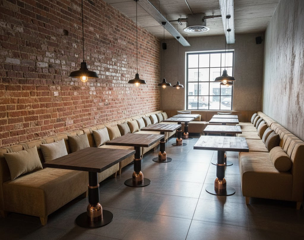 pied de table aurum mise en scène dans un restaurant style industriel en cuivre doré 