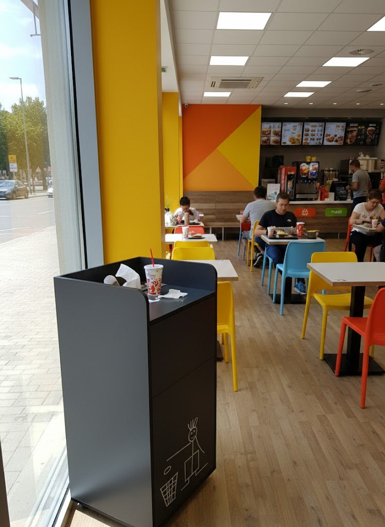 mise en scène de la poubelle snack en bois noir dans un fast food 