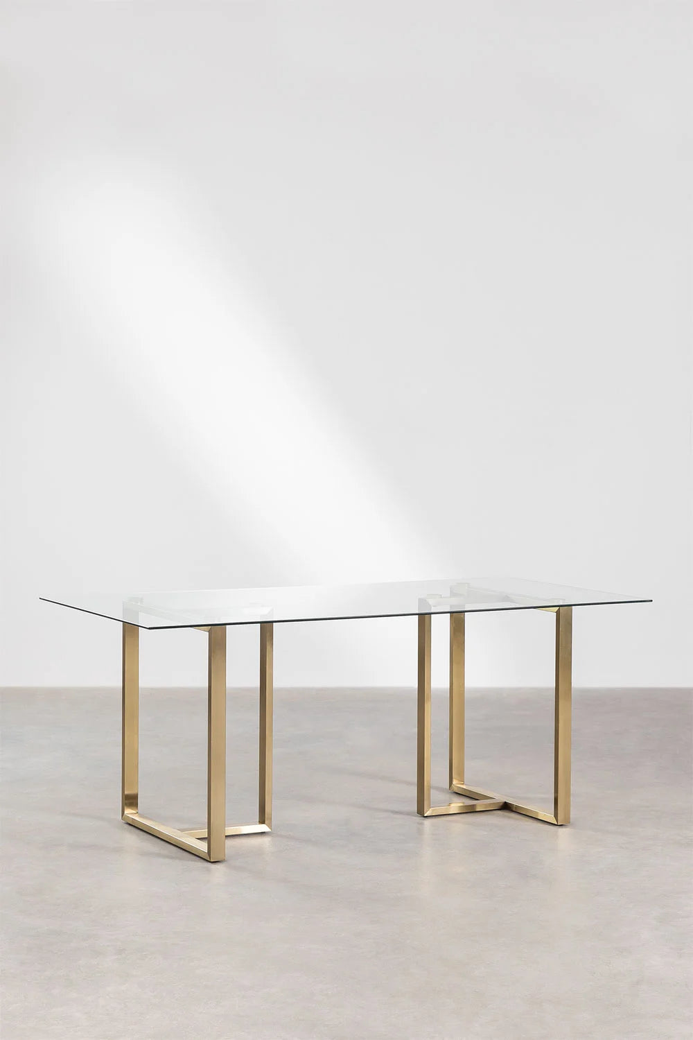 Grande table à manger rectangulaire 180 cm en verre trempé et pieds acier Leslie Prosofa.