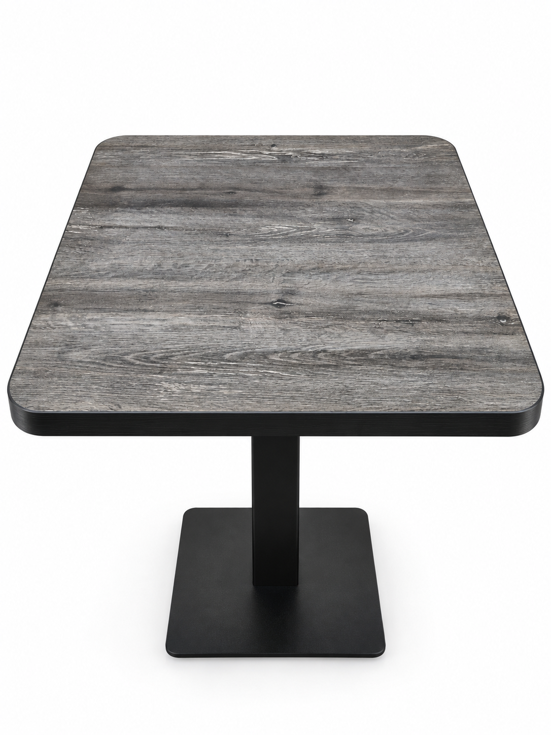 Table FRIG 60x60 cm avec plateau effet bois gris épaisseur 3,6 cm et pied central noir, idéale pour restaurant, café ou snack.