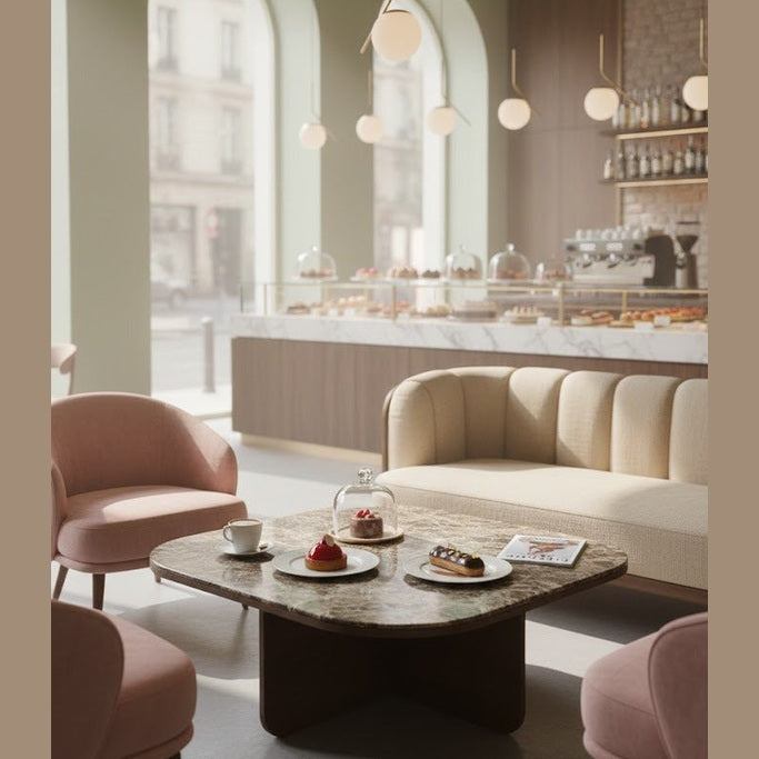 table basse en pierre naturelle dans un café mise en scene