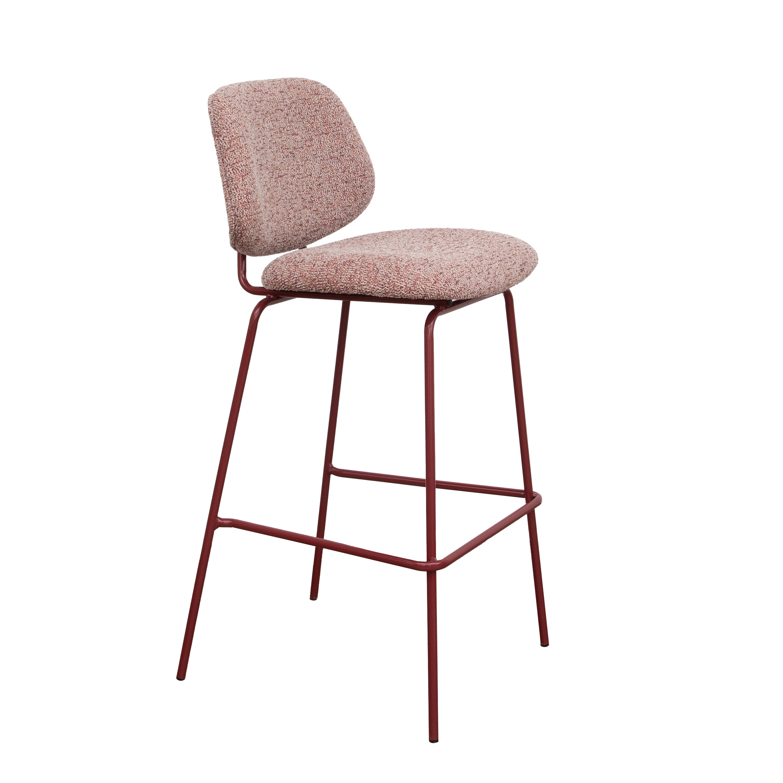 Tabouret de bar professionnel César avec structure en métal bordeaux et assise en tissu chiné beige et rouge pour restaurant.